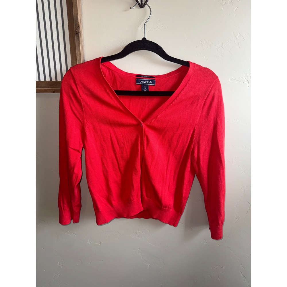 Lands End Red Supima Cotton V-Neck Button Front Cardigan Sweater Womens Small